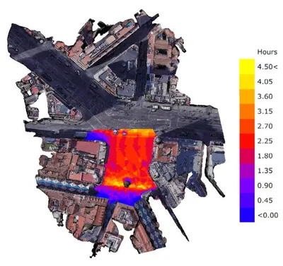 Simulation of sunlight hours on plaza de Callao on April 5th, 2018