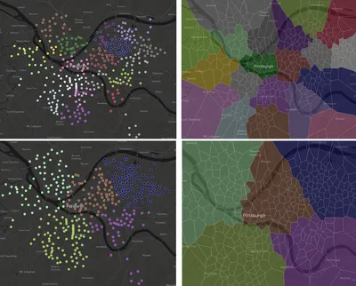 Clustering Results for ‘Longitude’ and ‘Latitude’, (a) and (b) are clustered into 20 groups, while (c) and (d) are clustered into 5 groups