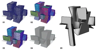 Steps of interactive simplification and editing. 01: Decimated input mesh. 02: Initial partitioning. 03: Refined partitioning through interactive simplification, notice the deletion of island proxies and two proxies sharing a planar face. 04: Simplified polygon mesh. 05: Further modification, design upon the simplified model.