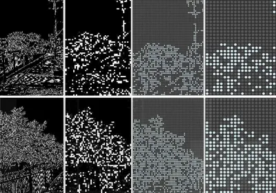 Edge based synthesizer. Top and bottom rows represent different frames from the same video, left to right represents the process of down sampling the matrix. The two images on the right of both the top and bottom rows represent the on/off matrix of the synthesizer. Each dot is mapped to a note, light blue dots are ‘played’