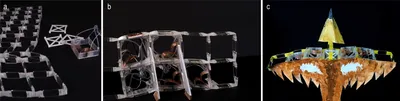 (a) The initially passive metamaterial can be configured with
active elements to implement robotic function such as (b) a crawling robot
or (c) a shape-changing sculpture, here a bird.