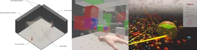 Overview of the human-AI co-creation environment, User view cursoring over a with their gaze and deciding which color to assign it, A selected Creator Agent observation within the latent evaluation interface