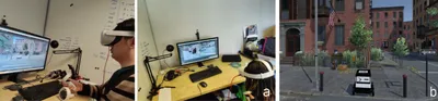 Fig. 2. (a) Settings of the prototype: on the left is the human operator, and on the right is the operator in
charge of robots. Two monitors display two views: first-person perspective and overview. (b) The street
environment of the prototype: modeled after a commercial street in New York City. (c) Delivery robot