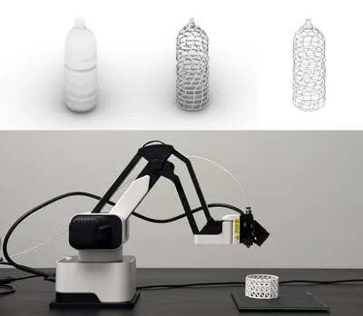 Figure 4.14: Translating Process from AI-Generated Mesh to Wireframe Structures, Figure 4.16: DexArm with 3D Printing Ender Effctor