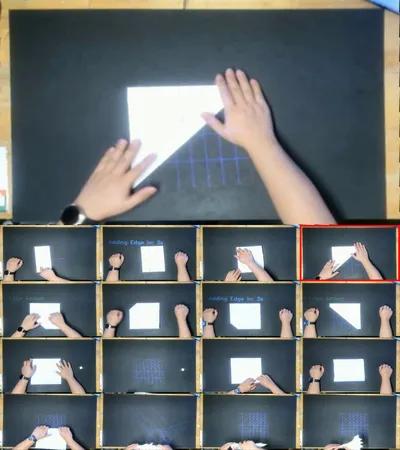 Create Mode folding sequence. Sixteen manually selected frames from the real-time session showing the progression of freeform folding, gesture-based crease confirmation, and live crease graph projection.
