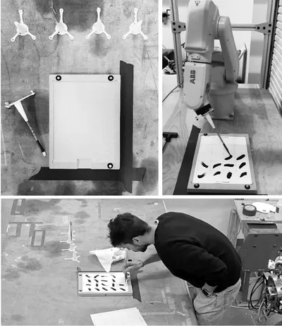 Figure 4. Brush holder and the paper frame for the data collection 
process (left), demonstration of brushstrokes (bottom), Robotic patining 
setup (right).