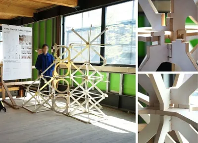 Figure 10: (Left) Spatial installation and (Right) Joinery details. Some interlocking joints are exposed to reveal the joining mechanism.