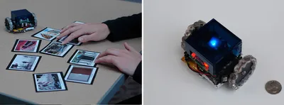 Figure 4. Participant discussing expressions across public 
surfaces (left) and WallBot with casing (right).