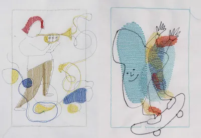Yi-Chin Lee, machine embroidery and hand drawing on muslin fabric, 6 × 4 in,
December 2019. Left: The user participates with hand drawing and assigns colors in each area.
Right: The machine generates embroidery paths based on the “LearningToPaint” algorithm to
color the human drawing. (© Yi-Chin Lee)