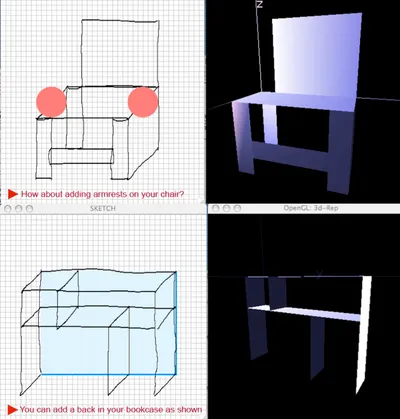 Figure 1. (1) Introduction – the system suggests adding armrests for the chair; and 
(2) Demonstration – the system shows adding a back part to strengthen the bookcase