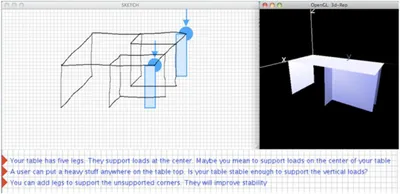 Figure 5.8 The Furniture Design Critic examines Ben’s table design and describes what it sees. It introduces an idea that Ben may not have thought about and demonstrates how to resolve a problem– two unsupported corners. It also annotates Ben’s diagram to help him understand the written comments.