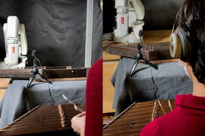 Figure 88. Artist and its robotic musical instrument during the demonstration, images by the author.