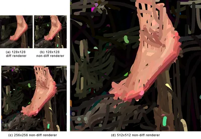 Figure 4.4: Difference of quality of paintings using the neural differentiable renderer and the
non-differentiable renderer. After optimization, stroke parameteres can be rendered at higher
resolutions using non-differentiable renderers.