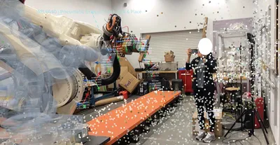 Figure 5.1: A robot operator uses a mobile AR device to preview and edit the trajectory of
an industrial robot for pick and place tasks, the AR interface overlays the waypoints, the task
information, and a ghost preview of the robot target pose onto the physical environment for
visual guidance and collision avoidance. Image credit: Author.