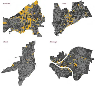 Figure 8.1: Distribution of large industrial building fabrics, marked in yellow as Urban
Type 4, across the four cities. Except for Miami, the other Rust Belt cities display a high
frequency of these fabrics.