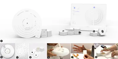 Figure1:PresentingAirCraftalongwithitsuseinaworkshop.(a)renderingofinitialAirCraftconceptsasaset,(b)brainstorming wheel, (c) elemental discovery cards, (d) prototyping blocks, (e) participant blowing the brainstorming wheel, (f) participant explaining idea with the cards, (g) participants trying different air movements through prototyping blocks.