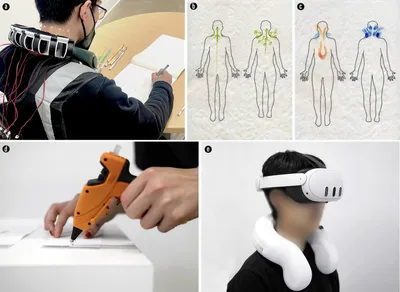 Figure 1: Images from early exploration and user study. (a) Participants wearing the early version of air-based haptic device and drawing a body map (b, c) Selected body maps from the early exploration (d) The hot gluing task during the main user study (e) A person meditating with the AR and haptic device