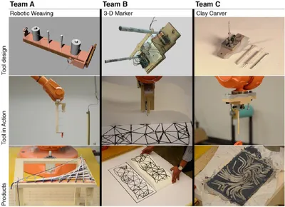 Figure 6. Three student teams were invited to equip a robot with a custom tool of their own design in order to create specific material effects. This image shows the three projects at different stages of development.