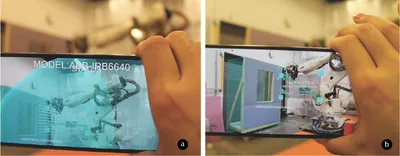 Fig. 1. Proxemic-aware augmented reality (AR) may mitigate information overloading in AR-based human-robot interaction (HRI) (a) an AR interface displays all robot information at the same level of detail (b) virtual information is filtered based on human-robot proxemics, only the most relevant information is presented in the AR view.