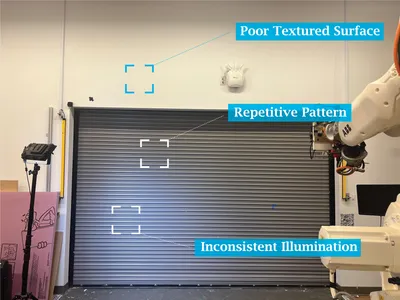 Fig. 1. Challenging scenarios on job sites for visual SLAM including (a) a vertical white wall surface without rich textures (b) a roller door with repetitive line patterns (c) areas with artificial lighting that may change over time.