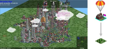 Figure 1. The main Taskville visualization. As users submit tasks to the system, buildings parachute down into the city. Colored flags indicate the owners of the buildings. The mayor, deputy mayor, and city council members shown on the top-right identify the users with the top four scores in that city. A mini-map in the lower-right shows the relative sizes and positions of each of the cities.